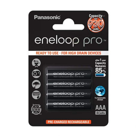 Piles LR03 AAA - Eneloop Pro BK-4HCDE PANASONIC - Blister x 4 rechargeables - NiMh - 1.2V - 930mAh