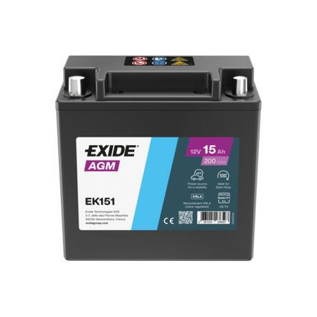 Batterie Auto et Auxiliaire Exide EK151 - 12V - 15Ah - 200A - + Gauche